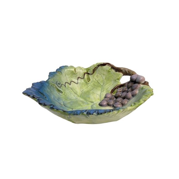 VTG Green Grape Leaf Takahashi San Francisco Pottery Ceramic Majolica Style Bowl - Picture 4 of 16